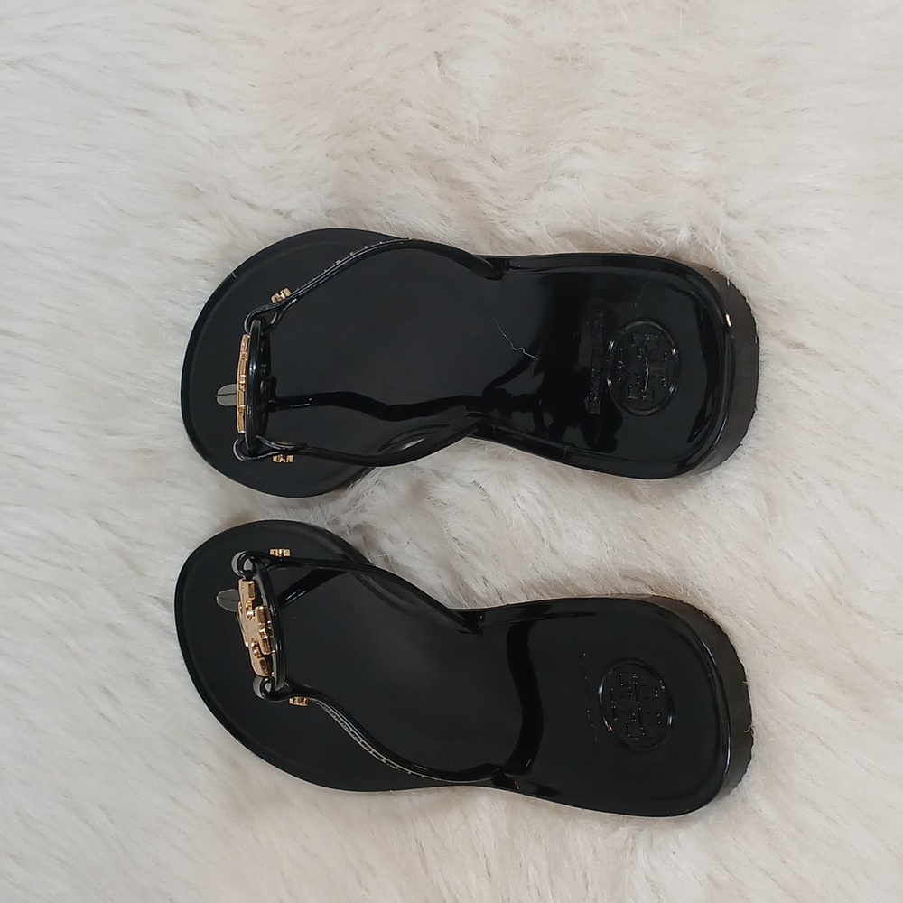 Tory Burch  Mini Miller Flat Jelly Black Sandals with Gold Emblem Sz 8 M - Picture 5 of 9